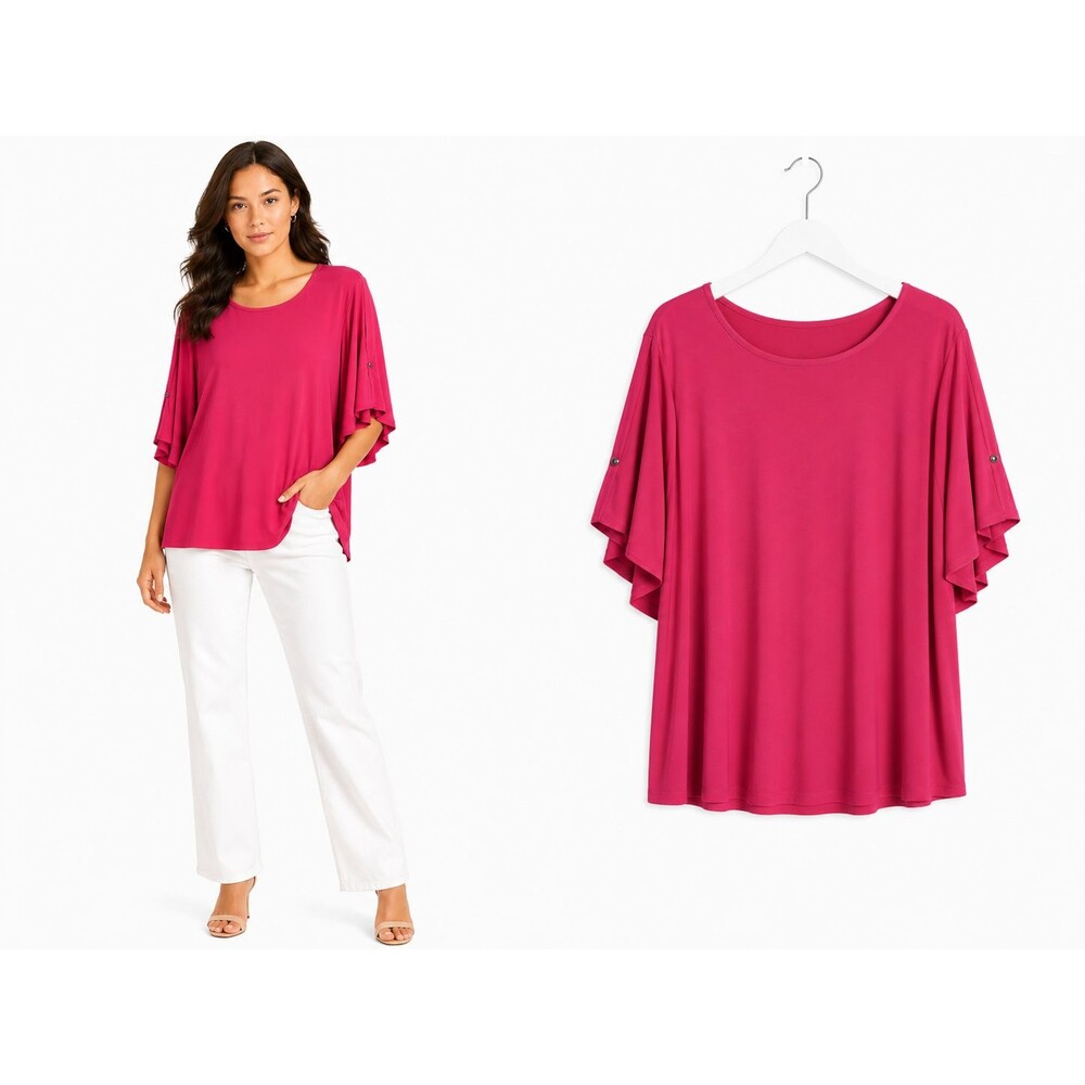 Susan Graver Top Tunic Size 2X Cut Out Flutter Sleeve Deep Rose Pink